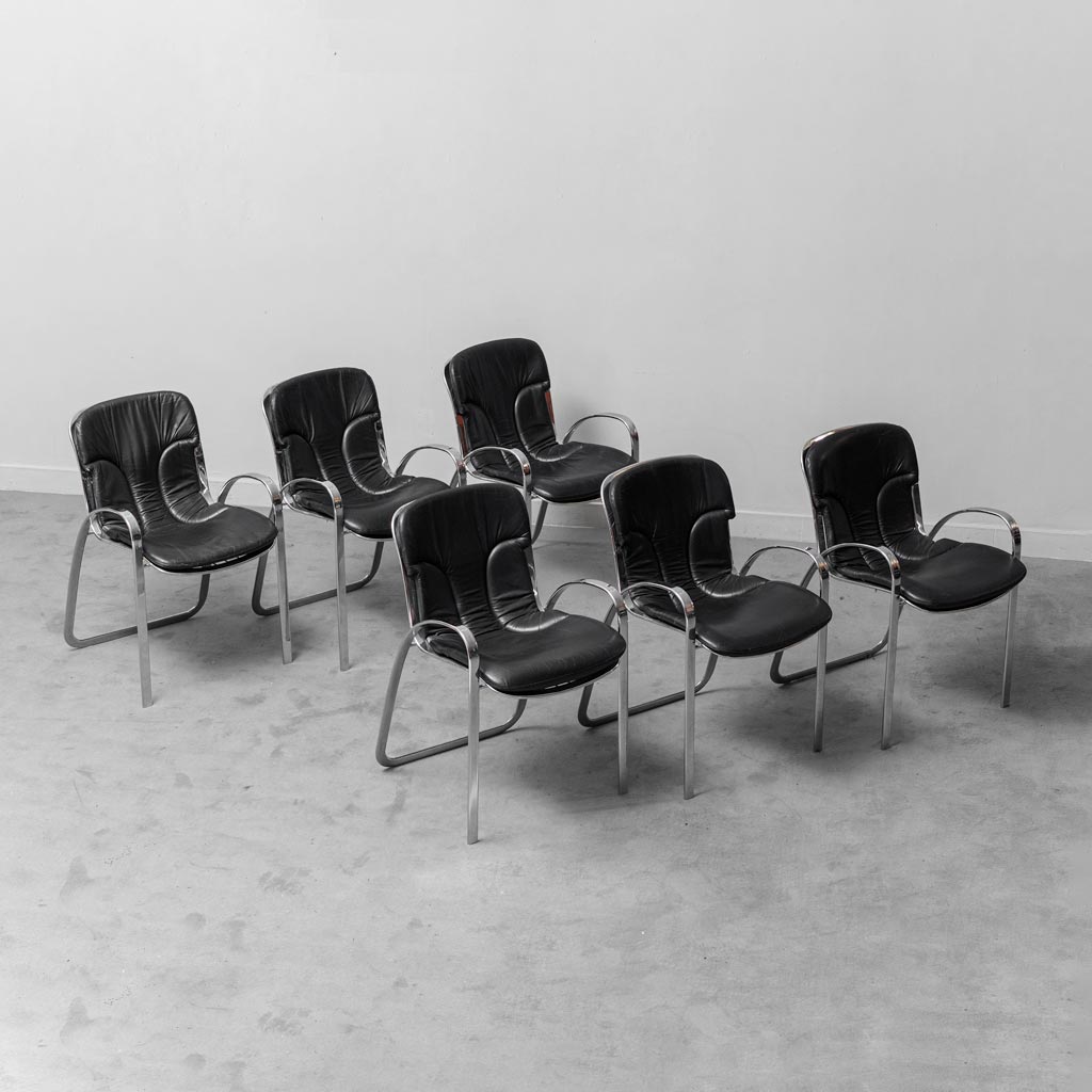 Set 6 Chairs Leather Metal Cidue Willy Rizzo 70s Vintage Modern