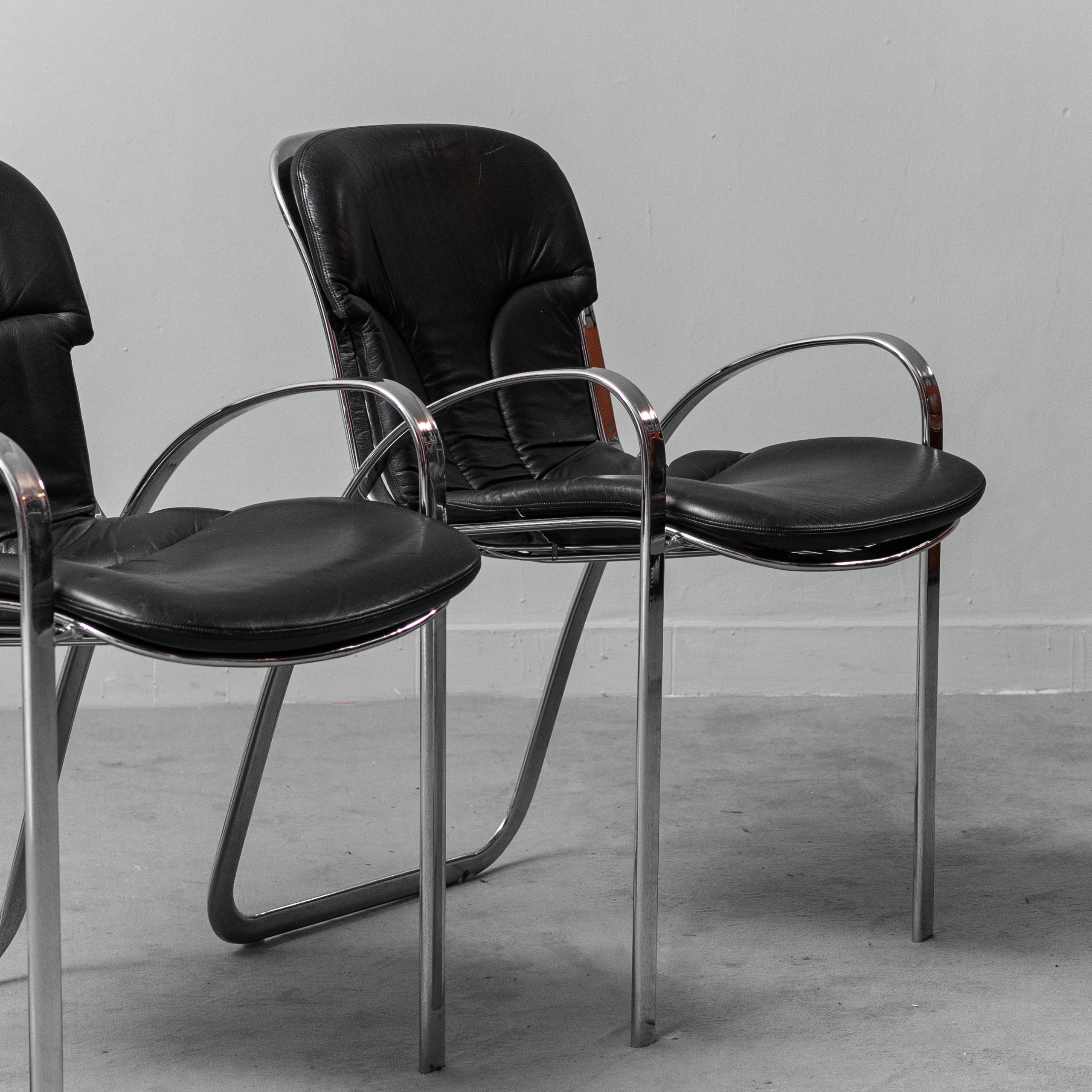Set 6 Chairs Leather Metal Cidue Willy Rizzo 70s Vintage Modern