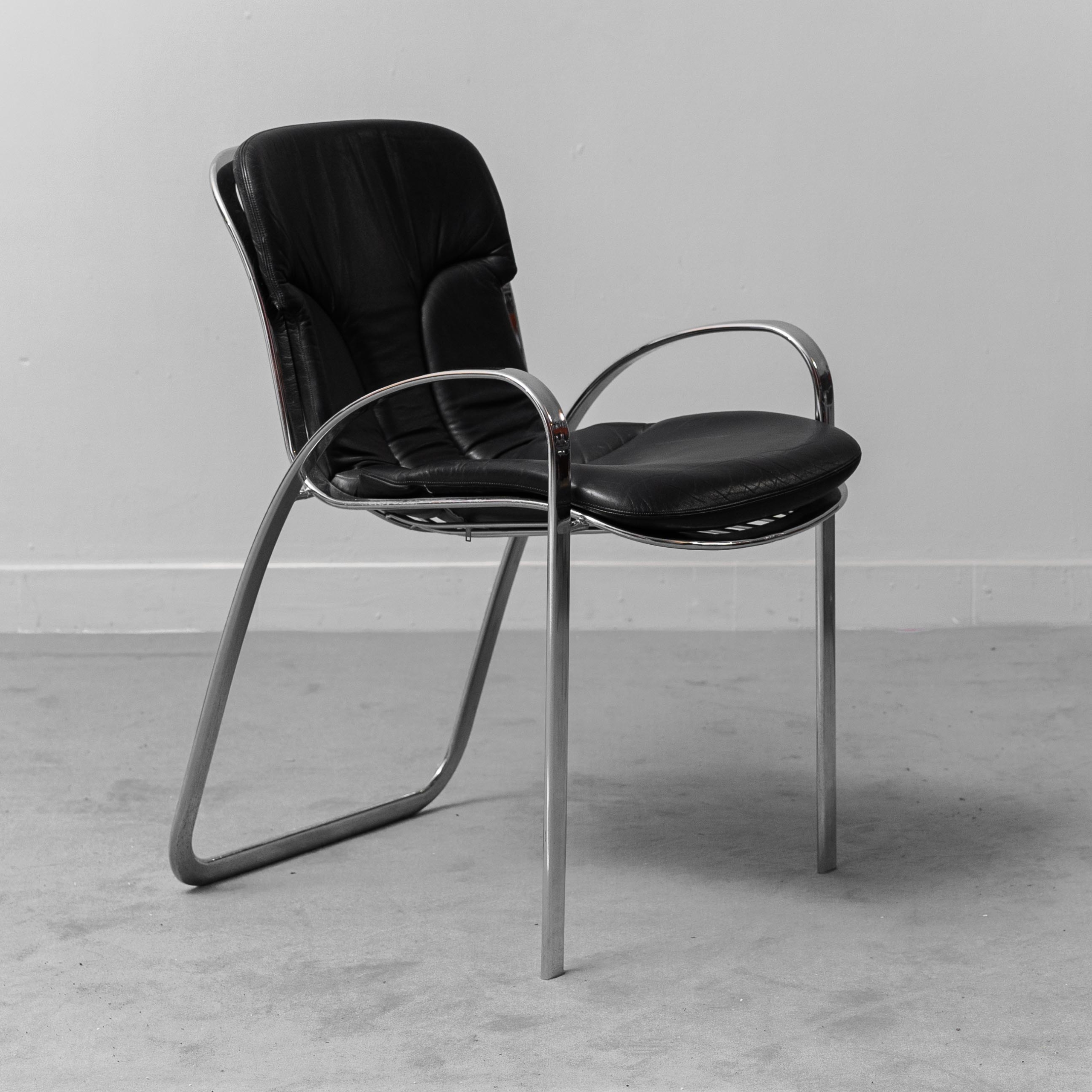 Set 6 Chairs Leather Metal Cidue Willy Rizzo 70s Vintage Modern