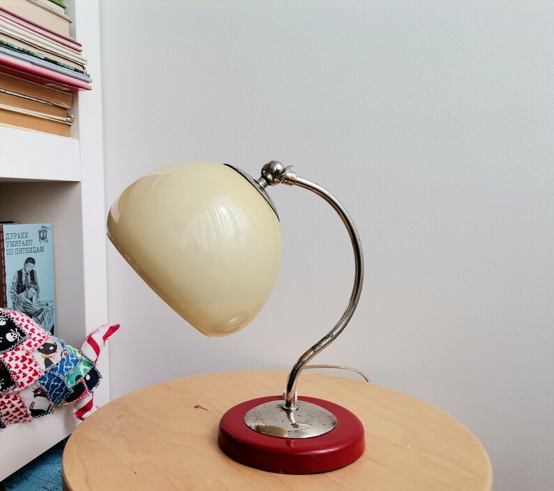 Small Mid Century Modern Side Table Lamp Red Metal and Opaline Glass