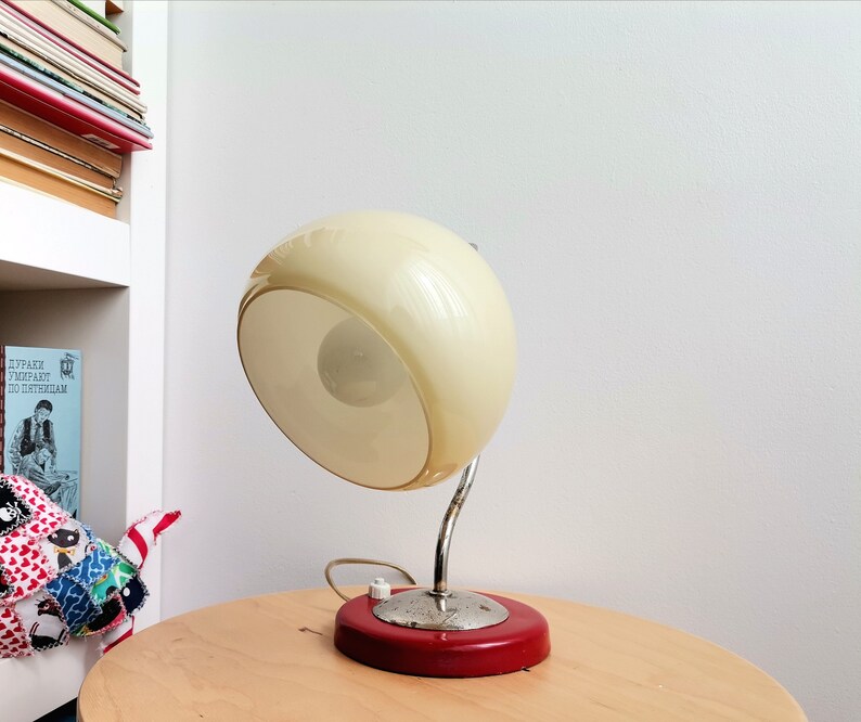 Small Mid Century Modern Side Table Lamp Red Metal and Opaline Glass