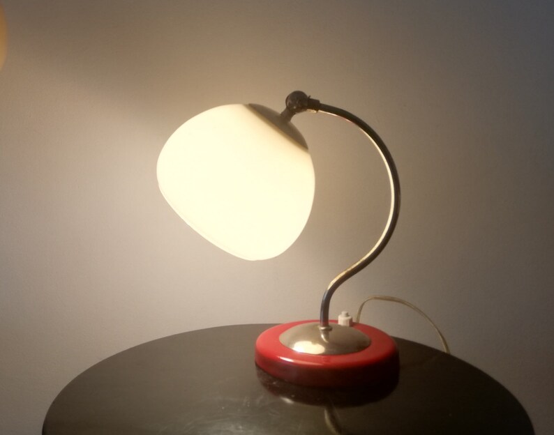 Small Mid Century Modern Side Table Lamp Red Metal and Opaline Glass