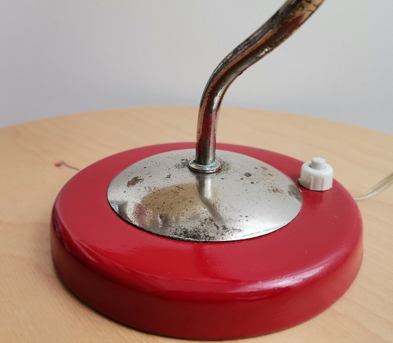 Small Mid Century Modern Side Table Lamp Red Metal and Opaline Glass
