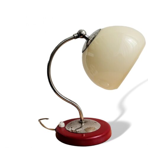 Small Mid Century Modern Side Table Lamp Red Metal and Opaline Glass