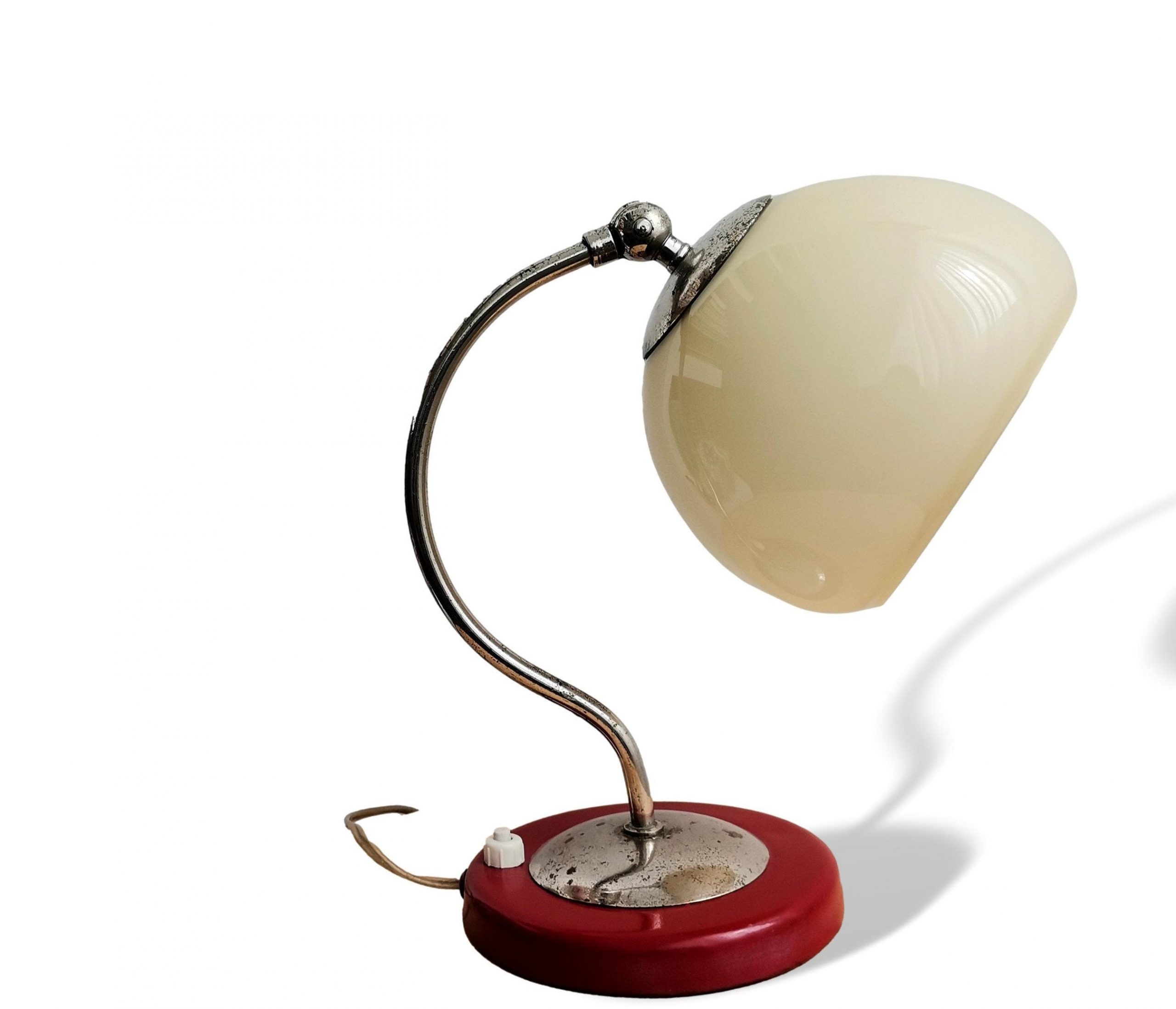 Small Mid Century Modern Side Table Lamp Red Metal and Opaline Glass