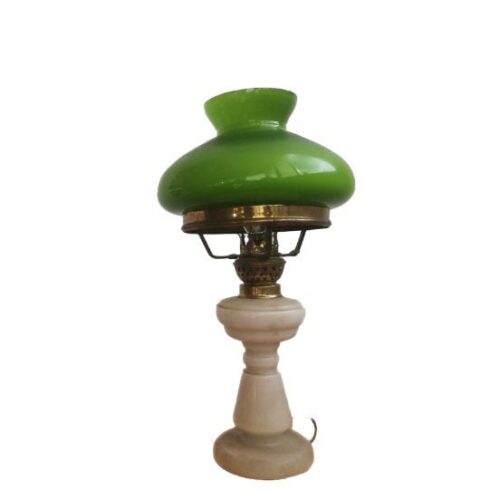 Vintage Hurricane library lamp in marble and green oplaine glass