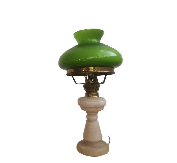 Vintage Hurricane library lamp in marble and green oplaine glass