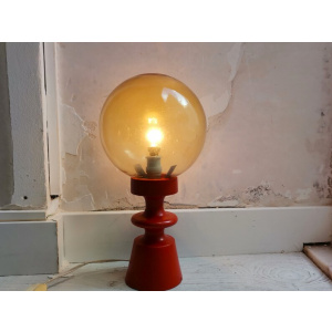 Mid-Century Portuguese Modern Orange Wood & Amber Bubble Glass Table Lamp, 1960s