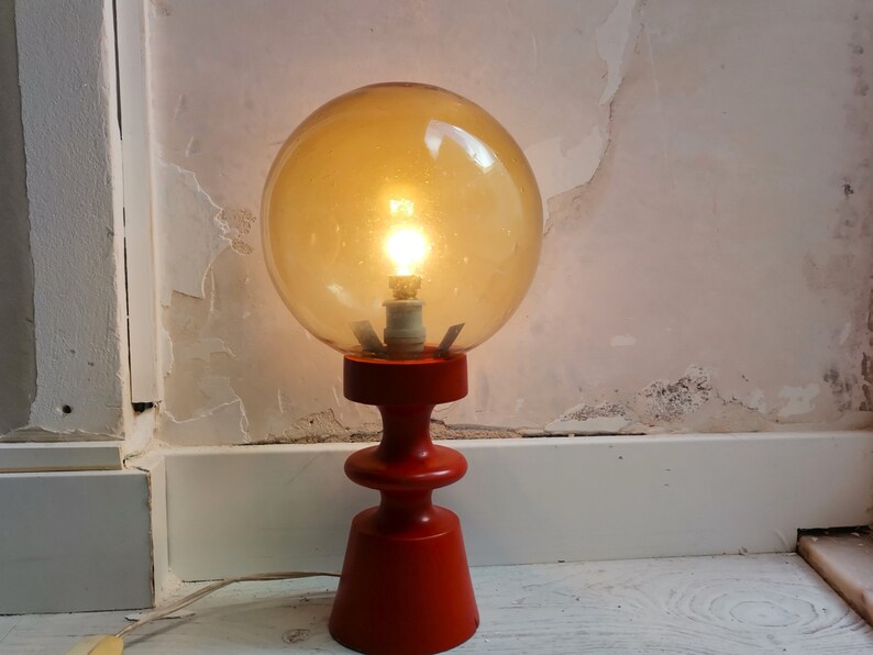 Mid-Century Portuguese Modern Orange Wood & Amber Bubble Glass Table Lamp, 1960s