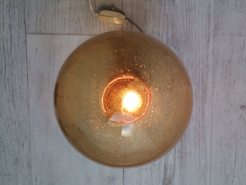Mid-Century Portuguese Modern Orange Wood & Amber Bubble Glass Table Lamp, 1960s