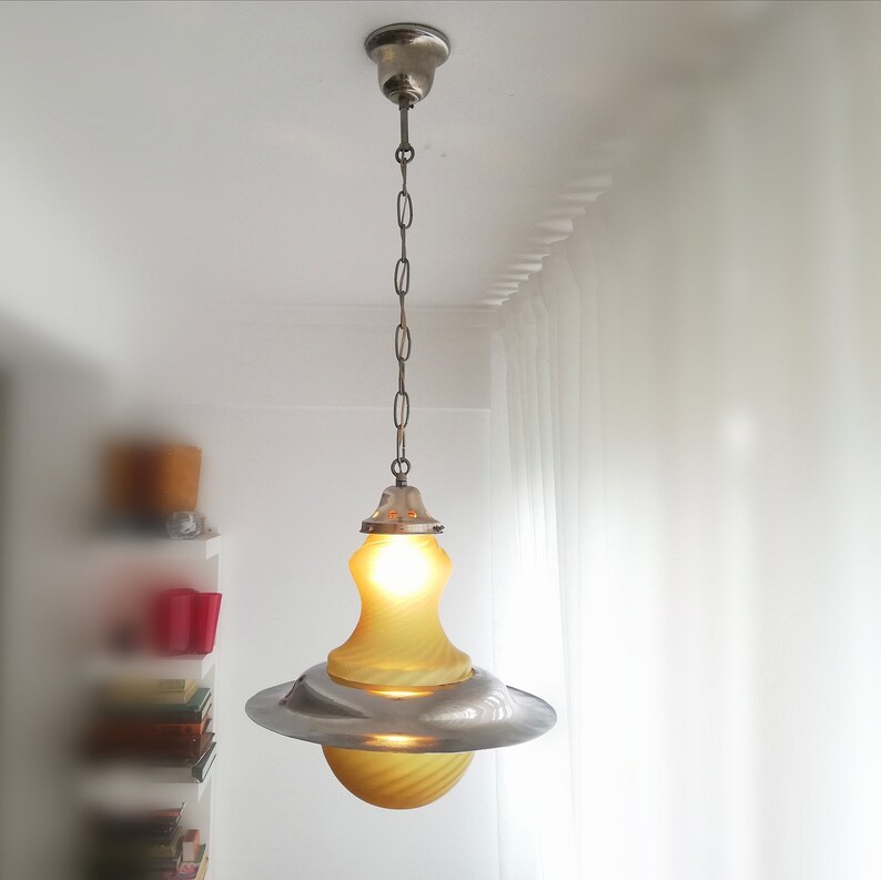 Yellow glass vintage hanging lamp UFO ceiling fixture Space Age Atomic 60s light