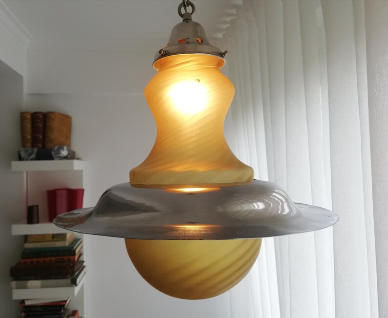 Yellow glass vintage hanging lamp UFO ceiling fixture Space Age Atomic 60s light