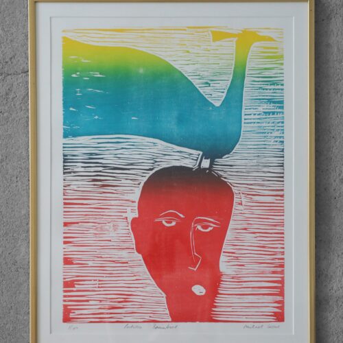 Michael Casford, Professor Brainbird, Color Woodcut, Framed