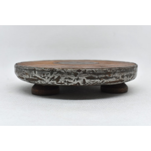 Wood and metal wine bottle coaster circa 1920, Tabletop plate, Bottle serving tray, Round footed coaster mat.