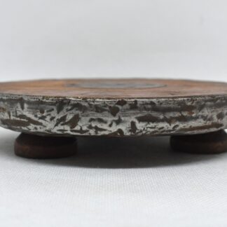 Wood and metal wine bottle coaster circa 1920, Tabletop plate, Bottle serving tray, Round footed coaster mat.