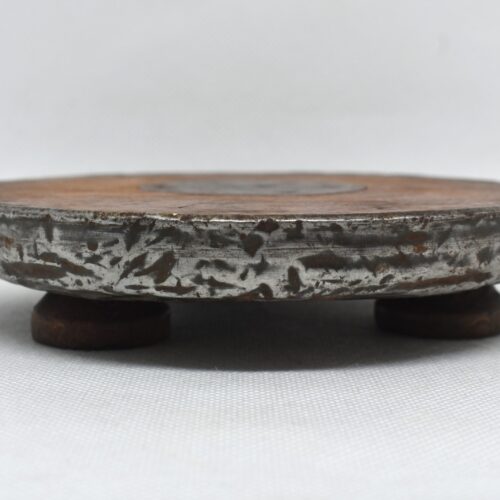 Wood and metal wine bottle coaster circa 1920, Tabletop plate, Bottle serving tray, Round footed coaster mat.