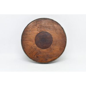 Wood and metal wine bottle coaster circa 1920, Tabletop plate, Bottle serving tray, Round footed coaster mat.