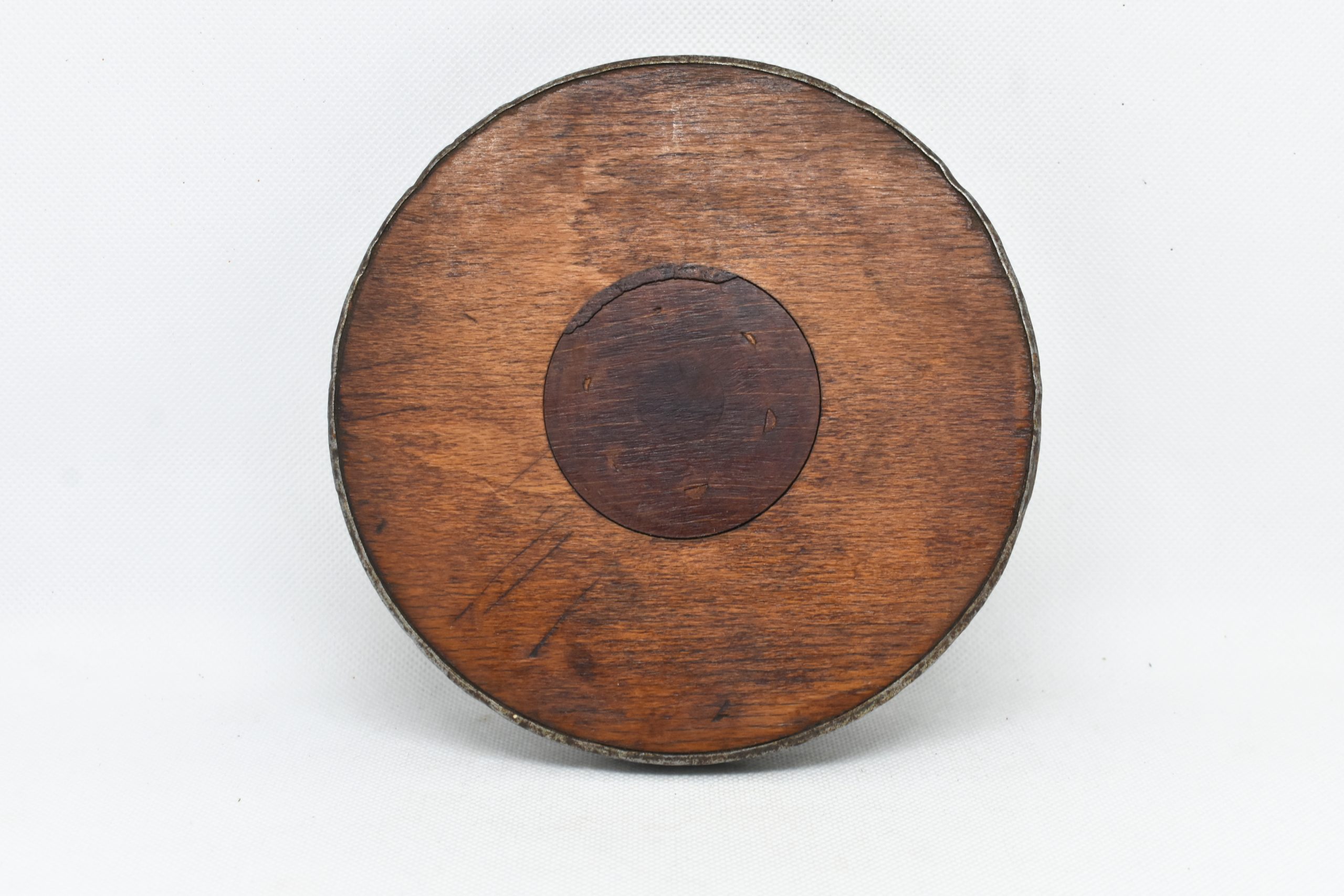 Wood and metal wine bottle coaster circa 1920, Tabletop plate, Bottle serving tray, Round footed coaster mat.
