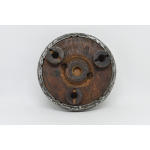 Wood and metal wine bottle coaster circa 1920, Tabletop plate, Bottle serving tray, Round footed coaster mat.