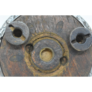 Wood and metal wine bottle coaster circa 1920, Tabletop plate, Bottle serving tray, Round footed coaster mat.