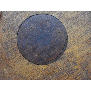 Wood and metal wine bottle coaster circa 1920, Tabletop plate, Bottle serving tray, Round footed coaster mat.