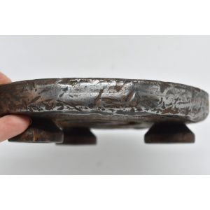 Wood and metal wine bottle coaster circa 1920, Tabletop plate, Bottle serving tray, Round footed coaster mat.