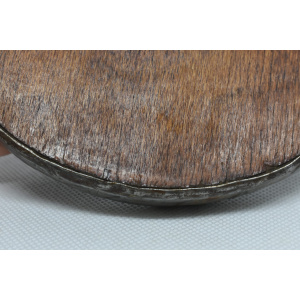 Wood and metal wine bottle coaster circa 1920, Tabletop plate, Bottle serving tray, Round footed coaster mat.