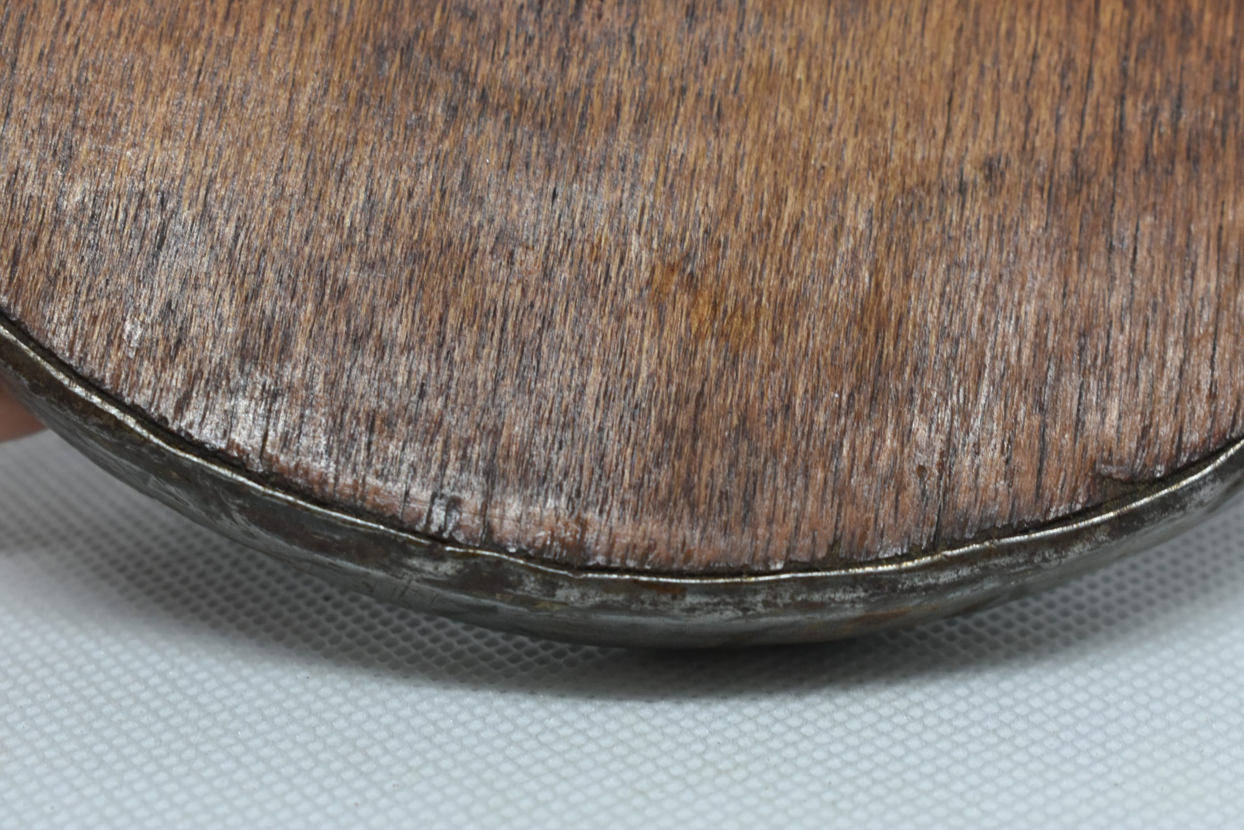 Wood and metal wine bottle coaster circa 1920, Tabletop plate, Bottle serving tray, Round footed coaster mat.