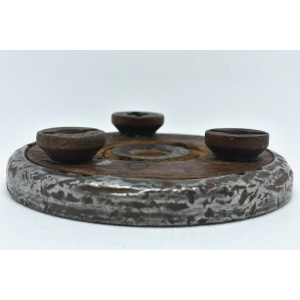 Wood and metal wine bottle coaster circa 1920, Tabletop plate, Bottle serving tray, Round footed coaster mat.