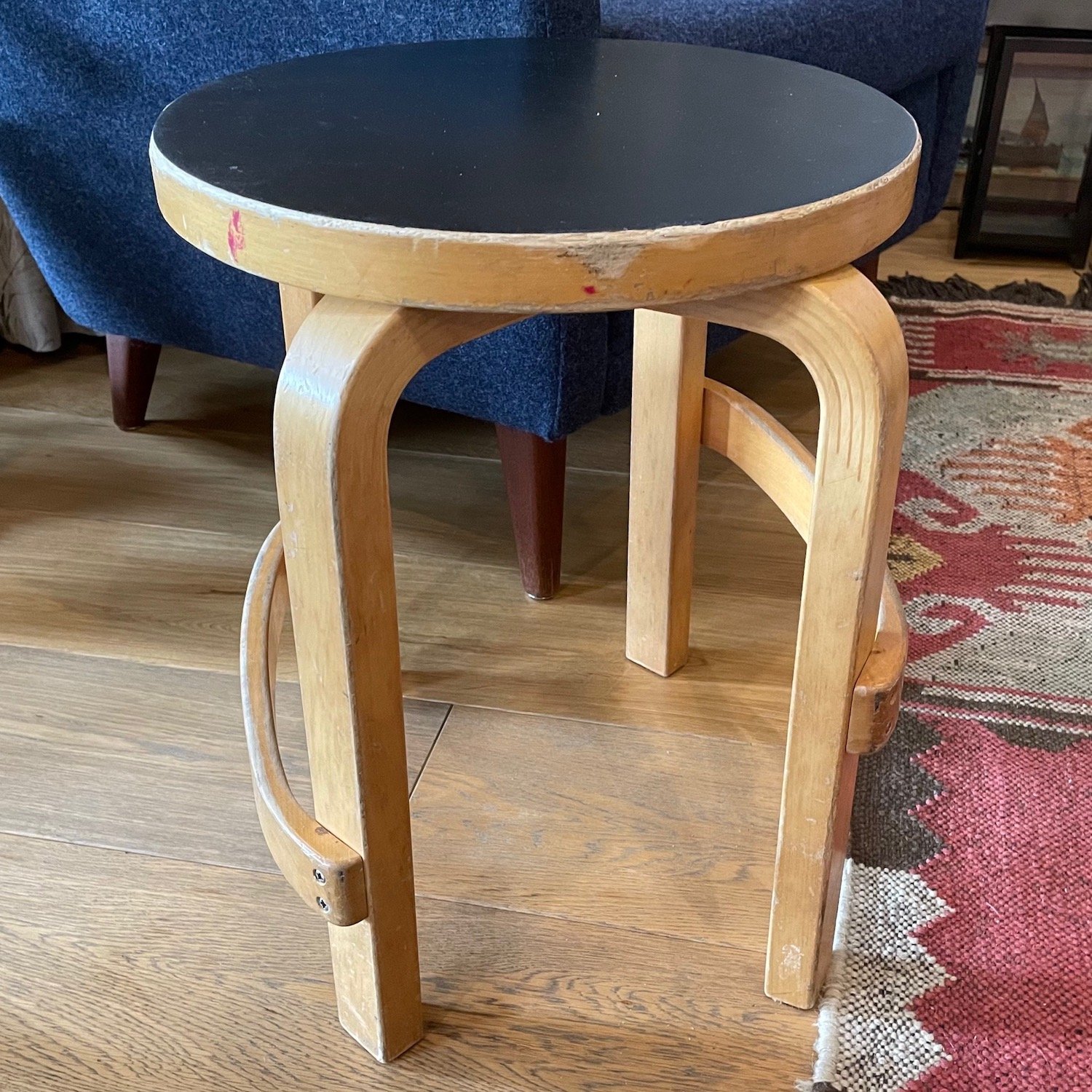 Alvar Aalto L-leg E 60 Stool in Birch & Black Linoleum