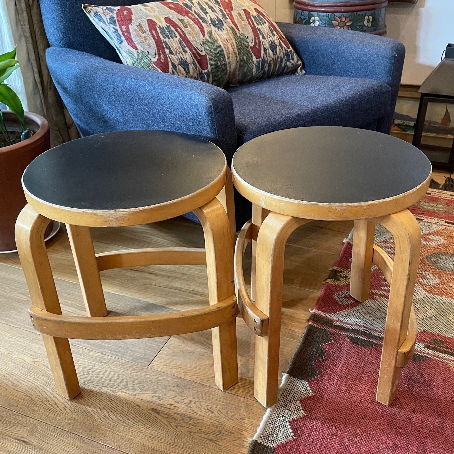 Alvar Aalto L-leg E 60 Stools in Birch & Black Linoleum