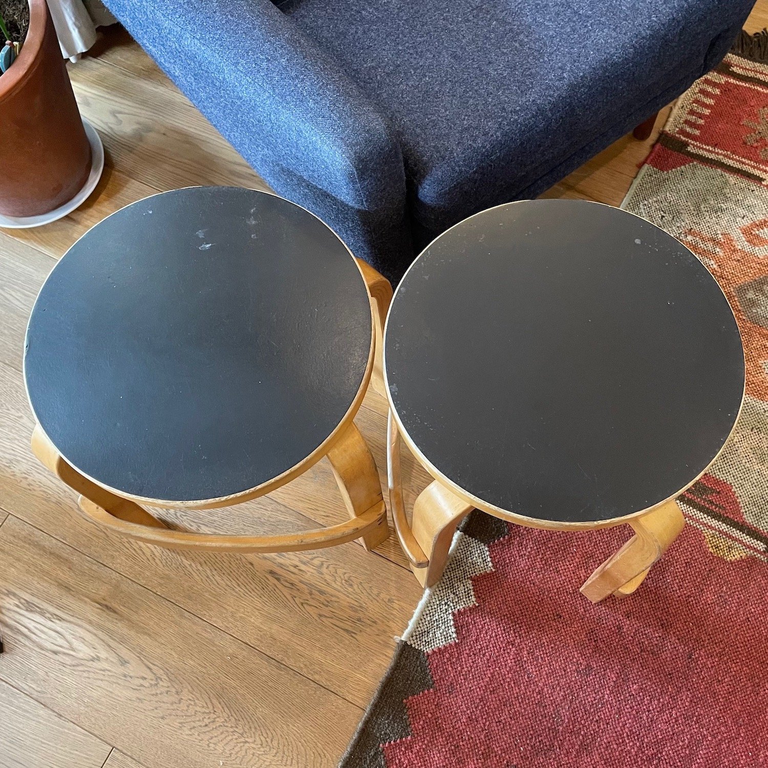 Alvar Aalto L-leg E 60 Stools in Birch & Black Linoleum