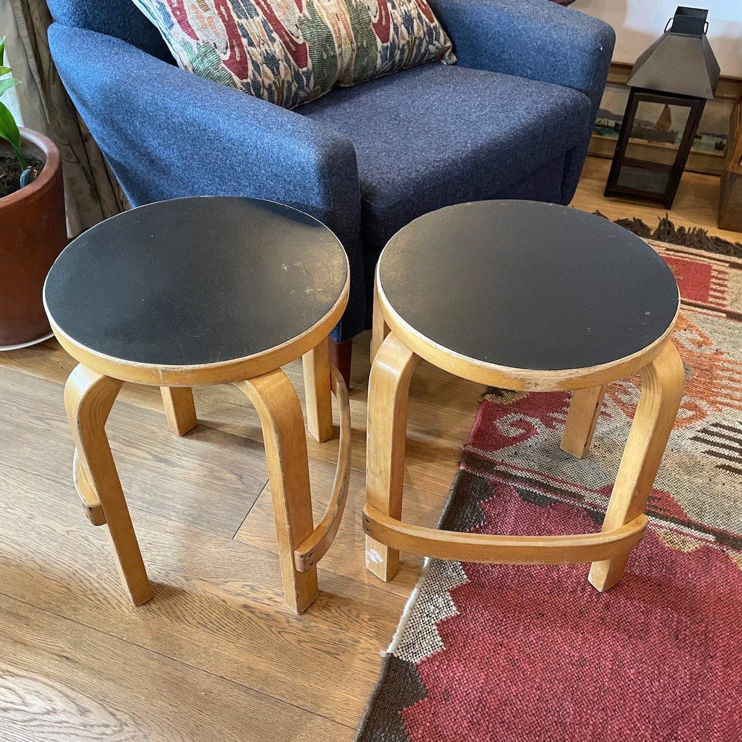 Alvar Aalto L-leg E 60 Stools in Birch & Black Linoleum