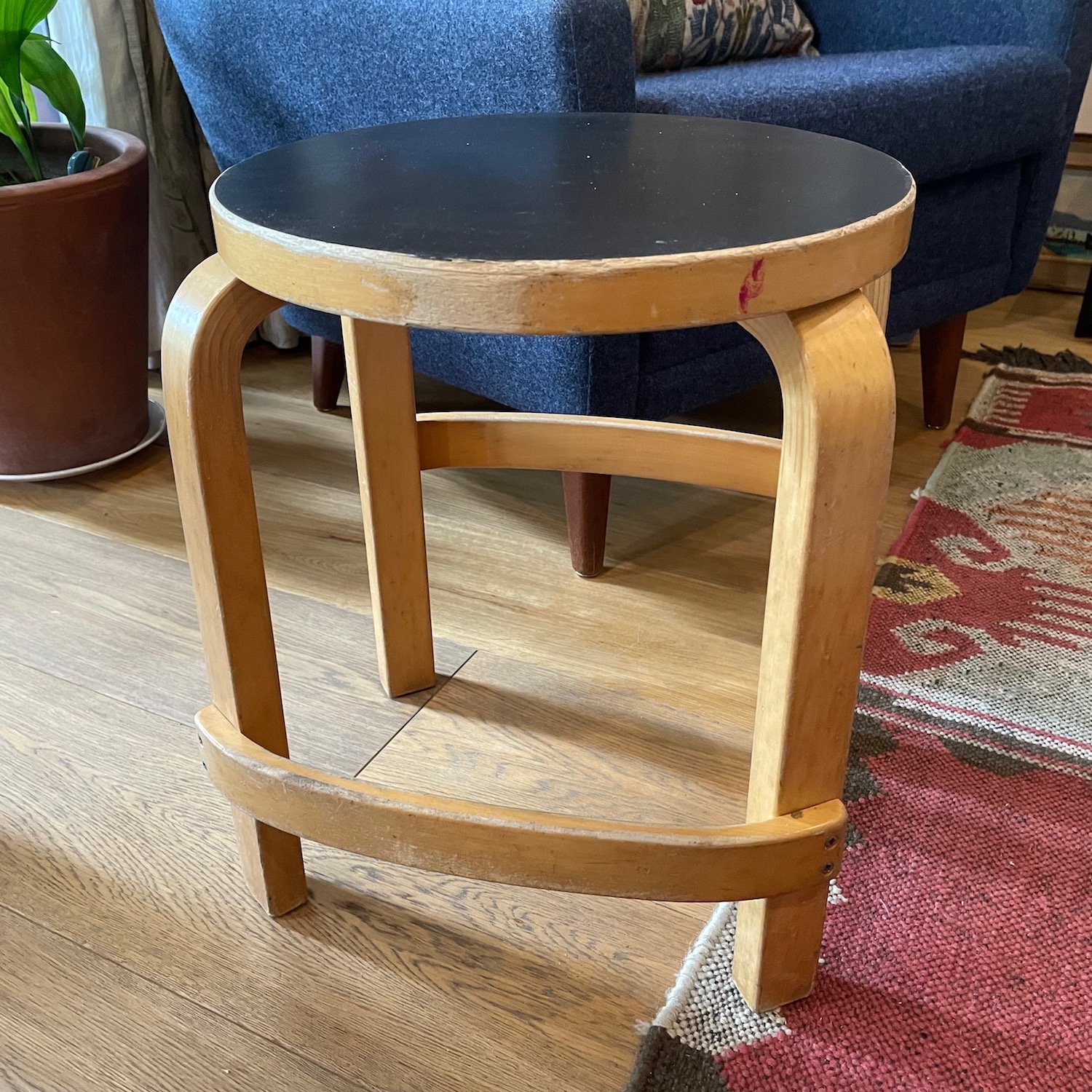 Alvar Aalto L-leg E 60 Stool in Birch & Black Linoleum