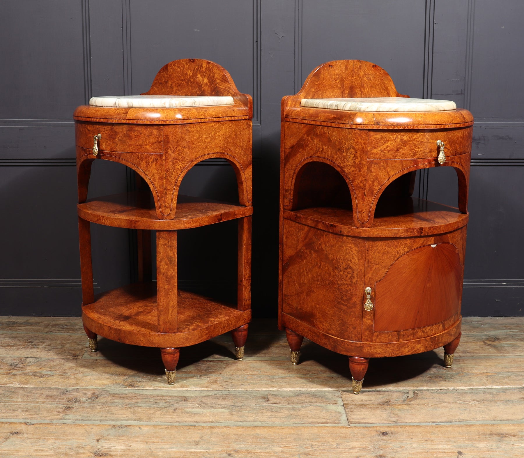 Ornate Art Nouveau Bedside Cabinets In Amboyna C1900