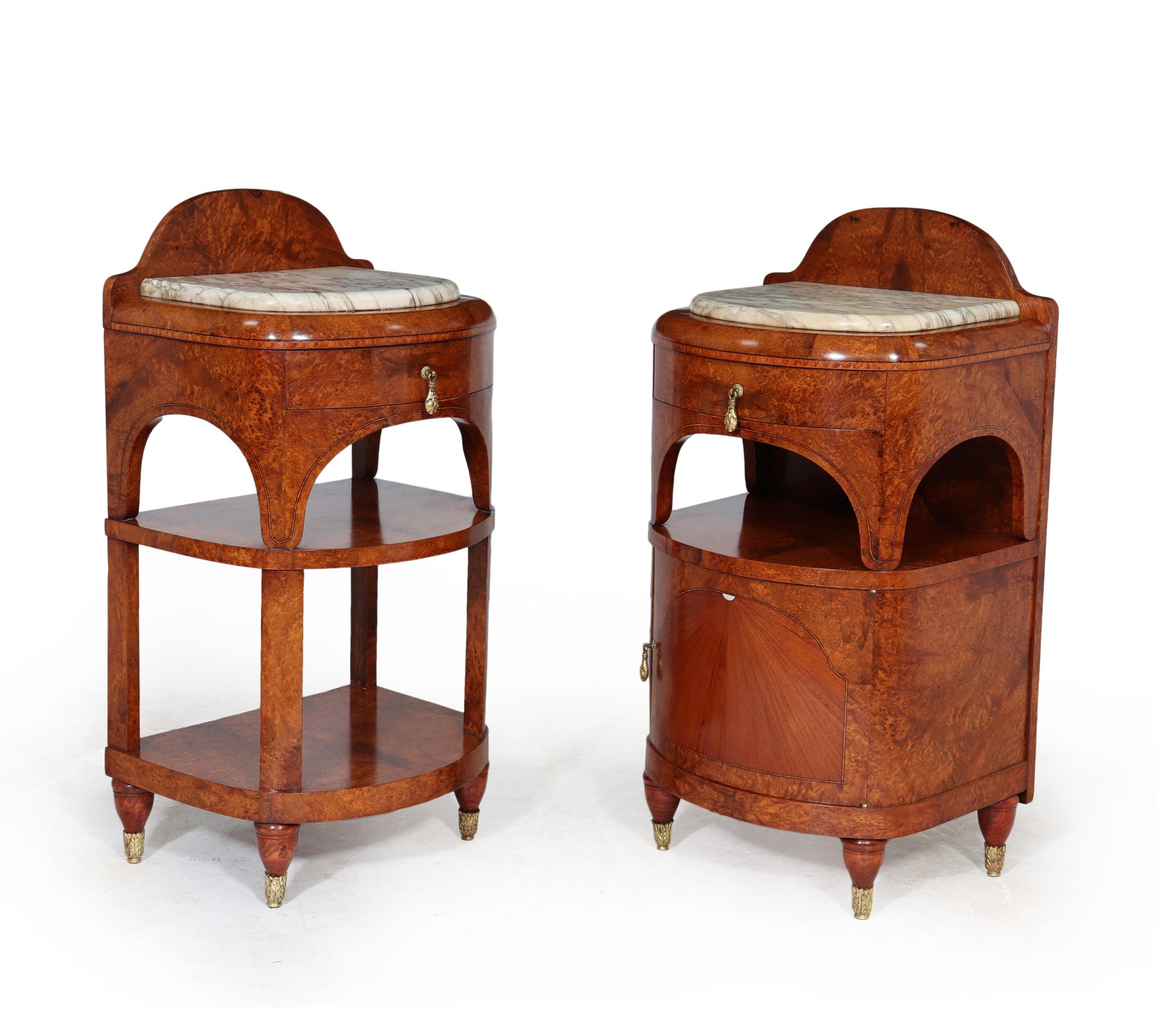 Ornate Art Nouveau Bedside Cabinets In Amboyna C1900