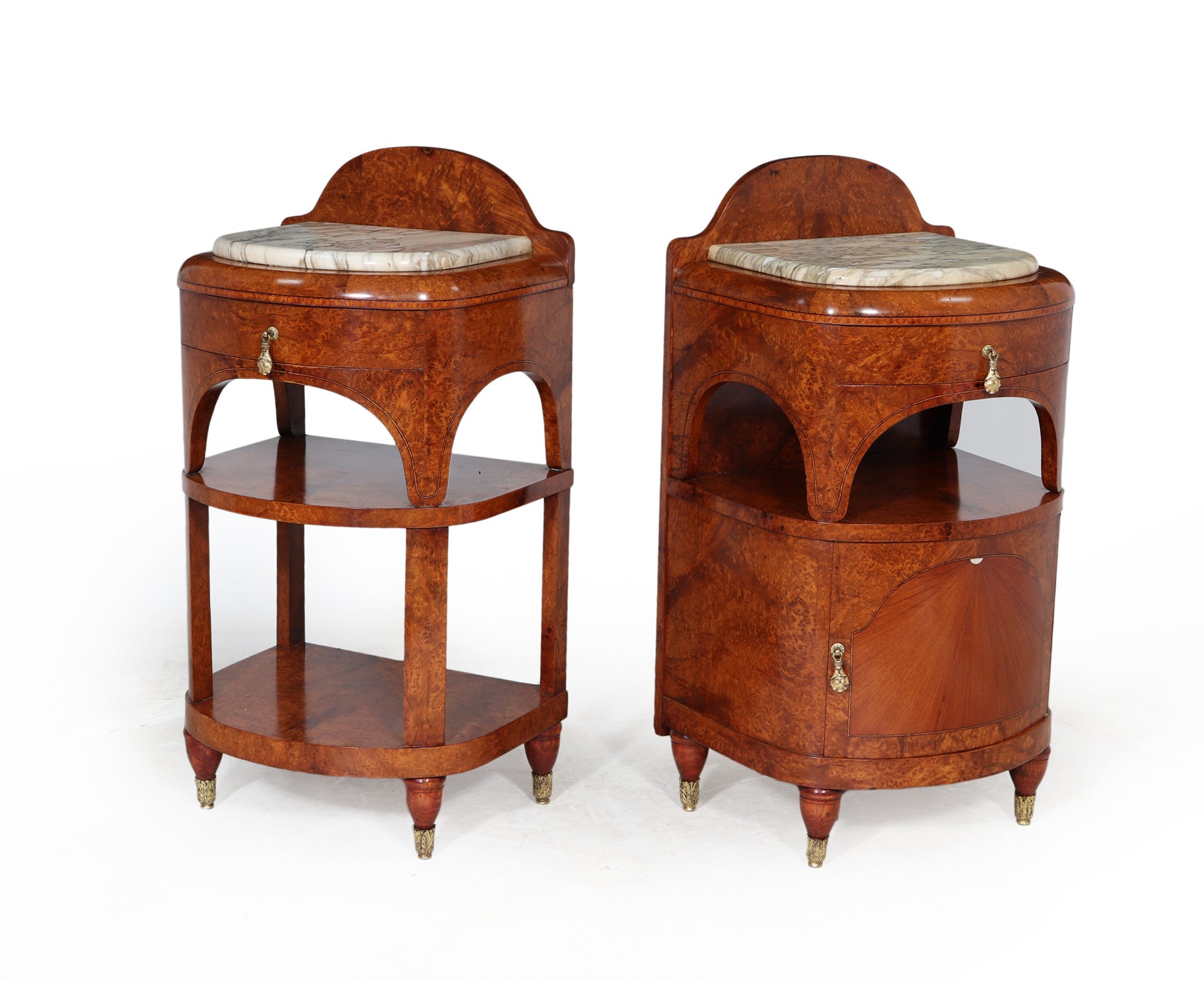Ornate Art Nouveau Bedside Cabinets In Amboyna C1900