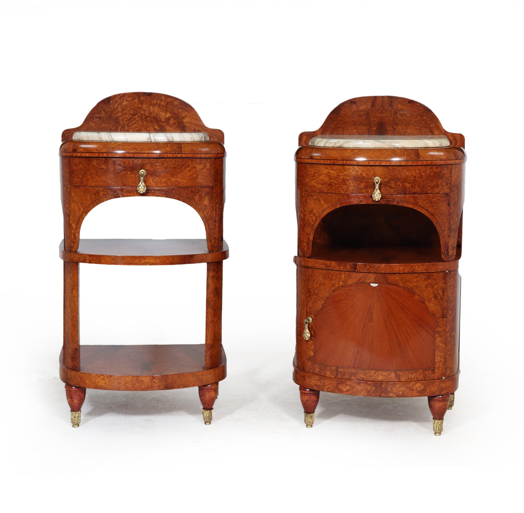 Ornate Art Nouveau Bedside Cabinets In Amboyna C1900