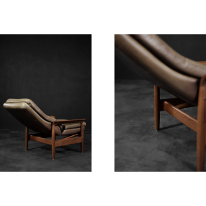 Vintage Mid-Century Danish Modern Teak Wood & Brown Leather High Armchair with Reclining Backrest, 1960s