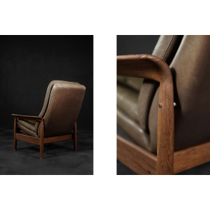 Vintage Mid-Century Danish Modern Teak Wood & Brown Leather High Armchair with Reclining Backrest, 1960s