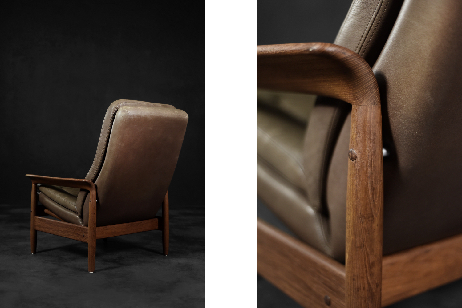 Vintage Mid-Century Danish Modern Teak Wood & Brown Leather High Armchair with Reclining Backrest, 1960s