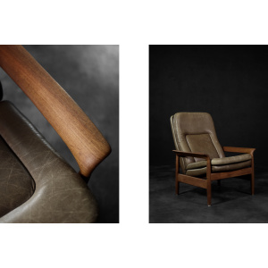 Vintage Mid-Century Danish Modern Teak Wood & Brown Leather High Armchair with Reclining Backrest, 1960s
