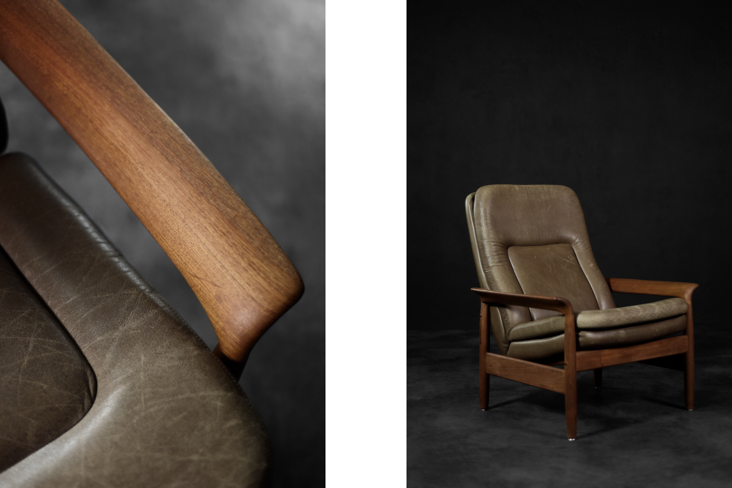Vintage Mid-Century Danish Modern Teak Wood & Brown Leather High Armchair with Reclining Backrest, 1960s