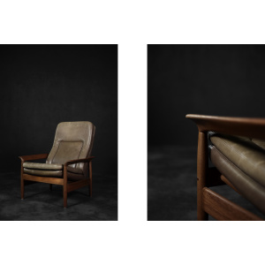 Vintage Mid-Century Danish Modern Teak Wood & Brown Leather High Armchair with Reclining Backrest, 1960s