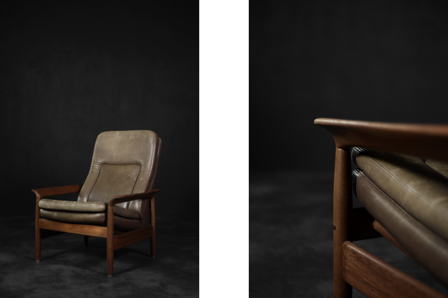 Vintage Mid-Century Danish Modern Teak Wood & Brown Leather High Armchair with Reclining Backrest, 1960s
