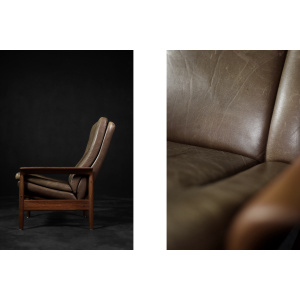 Vintage Mid-Century Danish Modern Teak Wood & Brown Leather High Armchair with Reclining Backrest, 1960s