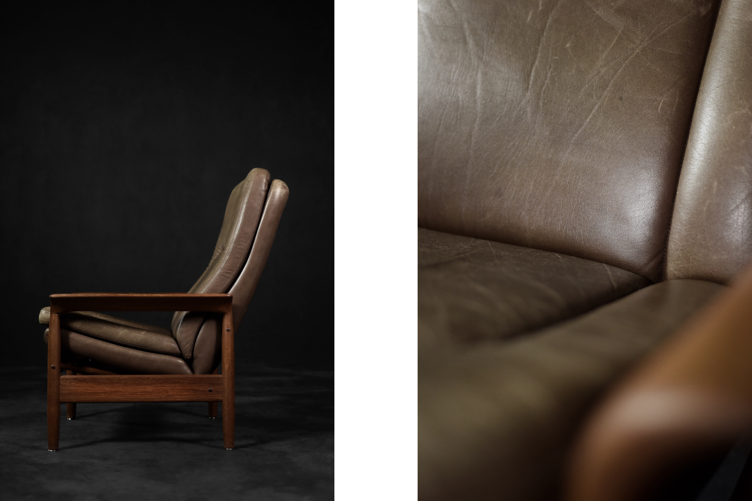 Vintage Mid-Century Danish Modern Teak Wood & Brown Leather High Armchair with Reclining Backrest, 1960s