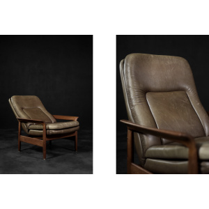Vintage Mid-Century Danish Modern Teak Wood & Brown Leather High Armchair with Reclining Backrest, 1960s