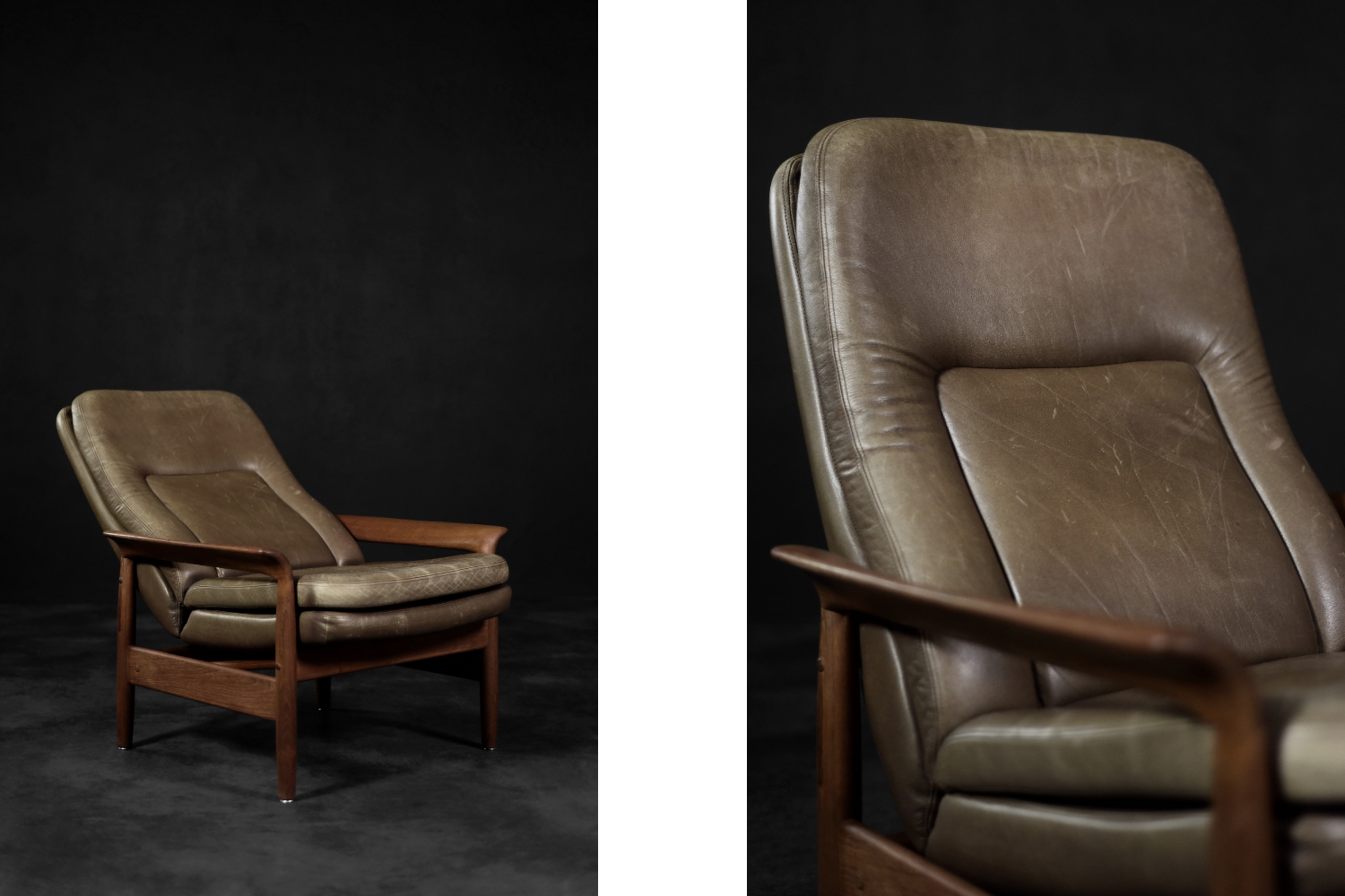 Vintage Mid-Century Danish Modern Teak Wood & Brown Leather High Armchair with Reclining Backrest, 1960s