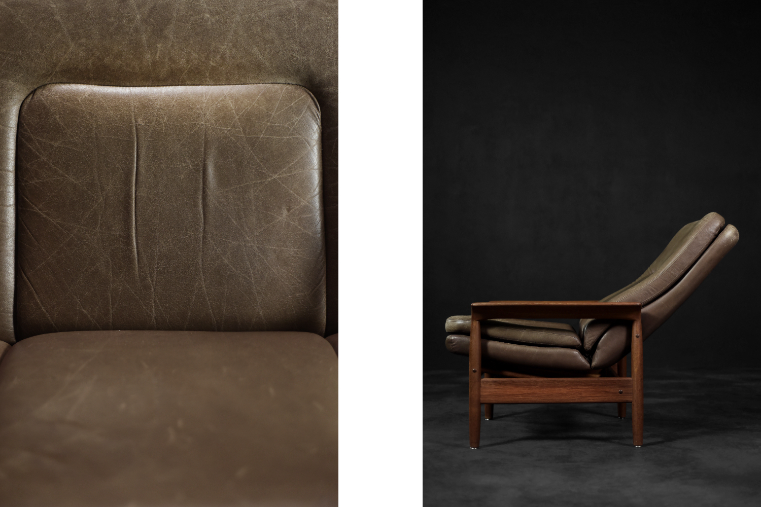 Vintage Mid-Century Danish Modern Teak Wood & Brown Leather High Armchair with Reclining Backrest, 1960s